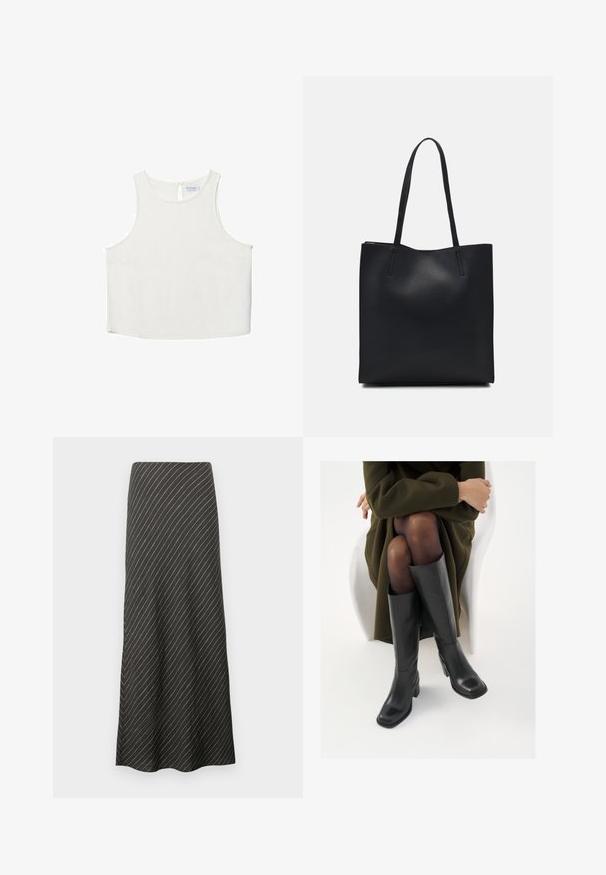 Hvid ærmeløs top med rund halsudskæring, der har en subtil tekstur, nøglehulsbagdetalje og lige kant.; Sort midi-nederdel med diagonale hvide striber, lavet af et glat stof. Har en udvidet design og en A-formet silhuet.; Knæhøje sorte læder støvler med firkantet tå og blokhæl, vist med en model siddende i en olivengrøn frakke. Glat tekstur, minimal detaljer.; Sort læder tote taske med glat tekstur, rektangulær form og to lange hanke. Ingen synlig hardware eller udsmykninger.