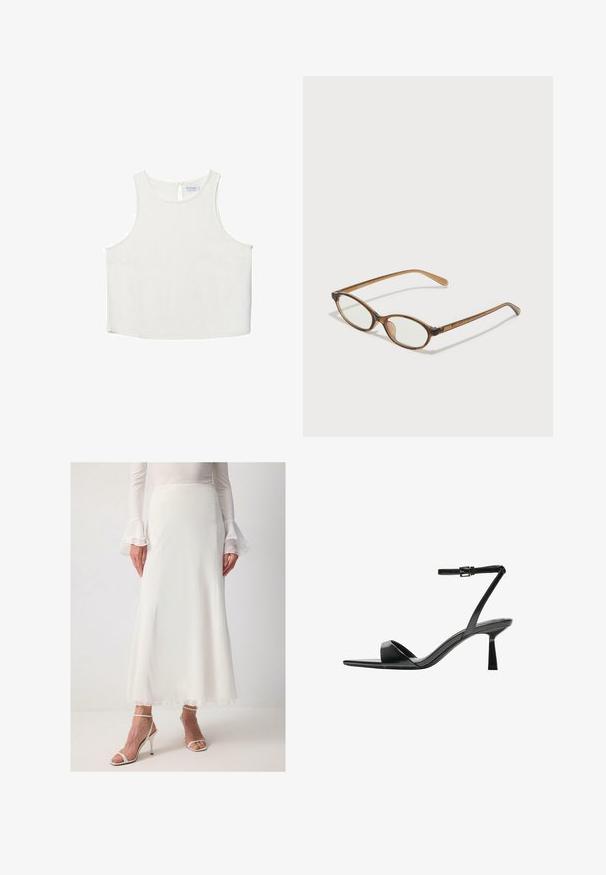 Vit ärmlös topp med rundad halsringning, featuring en subtil textur, detalj med nyckelhål i ryggen och rak nederkant.; Vit, flödande maxikjol i lätt tyg med en slät textur; har en subtil fåll och är parat med delikata vita högklackade sandaler.; Bershka Sandaletter - black; Bruna sköldpaddsformade glasögon med ovala linser, tunna skalmar och transparanta detaljer. Innehåller en diskret logotyp på bågen. Snygg, lätt design.