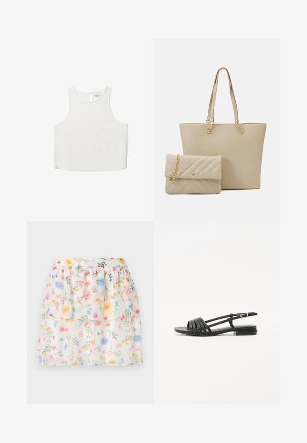 Biele bezrukávové tričko s okrúhlym výstrihom, ktoré má jemnú textúru, detail s kľúčovou dierkou na chrbte a rovný lem.; Biela sukňa s kvetinovým vzorom v tiered štýle, zdobená pastelovými kvetmi a zelenými akcentmi. Vyrobená z ľahkej tkaniny, s na gathered pásom.; Čierne ploché sandále so šnurovacím dizajnom, obsahujúce viaceré kožené pásiky a tenký remienok na členku. Podrážka je plochá a obdĺžniková.; Bežová taška na plece s plochými uchami, hladkým povrchom a zlatými kovovými detailami, doplnená zladenou prešívanou kabelkou s reťazovou rukoväťou.