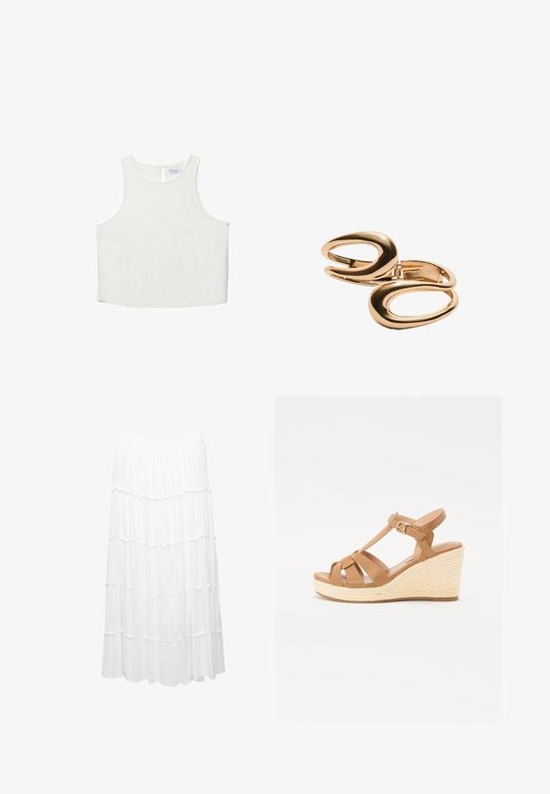 Vit ärmlös topp med rundad halsringning, featuring en subtil textur, detalj med nyckelhål i ryggen och rak nederkant.; Vit lagerkjol tillverkad av lättviktigt tyg, med ett elastiskt midjeband, volanglager och en flytande design som sträcker sig till mitten av vaden.; Bruna kilklackssandaler med tvärband, justerbart ankelsläp och en texturerad vävd espadrillo-kil.; Guldtonade metalörhängen med en sammanlänkad abstrakt oval design, med en polerad yta och öppna utskärningar.