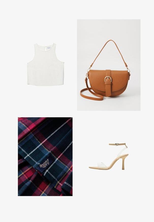 Haut sans manches blanc avec un col rond, présentant une texture subtile, un détail en forme de trou de serrure au dos et un ourlet droit.; Superdry & Co CHECK - Jupe plissée - blue red check; Sandale à talon transparent avec un supérieur transparent, semelle beige et une fine bride de cheville. Dispose d'un bout pointu et d'un fin talon haut.; Sac bandoulière en cuir marron avec une forme incurvée, quincaillerie dorée et un accent en boucle. Comprend une bandoulière détachable.