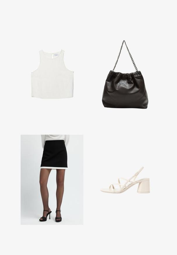 Bílý bezrukávový top s kulatým výstřihem, který má jemnou texturu, detaily v oblasti zad ve tvaru klíčové dírky a rovný lem.; Černá mini sukně s bílým lemem, vyrobená z hladké tkaniny. Kombinována s černými platformovými sandály, které se vyznačují minimalistickým designem.; Béžové sandály na podpatku s tenkými překříženými pásky, otevřenou špičkou a čtvercovým blokovým podpatkem. Hladký lakovaný povrch, nastavitelný pásek kolem kotníku.; Hnědá kožená taška se sbíraným vrškem a řetízkovým popruhem. Hladký povrch s lesklým finišem a jemným švem na bocích.