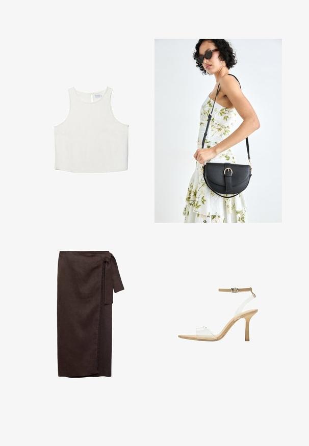 White sleeveless top with a round neckline, featuring a subtle texture, keyhole back detail, and a straight hemline.; Brown linen wrap skirt with a tied waist, straight silhouette, and frayed hem detail. Soft texture and floor-length design.; Clear heeled sandal with a transparent upper, beige footbed, and a slender ankle strap. Features a pointed toe and a thin high heel.; Black leather handbag with a curved shape, detachable strap, and gold hardware. The bag features a flap with a buckle detail.
