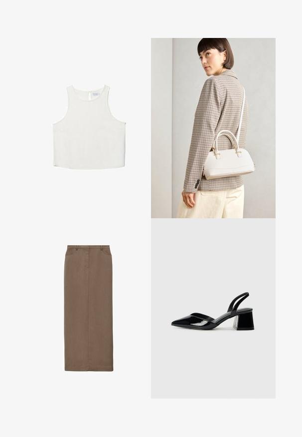Haut sans manches blanc avec un col rond, présentant une texture subtile, un détail en forme de trou de serrure au dos et un ourlet droit.; Mango Jupe longue - light brown; Escarpins en cuir verni noir avec bout pointu et talon bloc géométrique. Présente un design élégant et minimaliste ainsi qu'une texture lisse.; Sac à main structuré blanc avec de courtes poignées et une bandoulière, doté de accents en métal doré et d'un matériau texturé, présenté sur un fond gris.