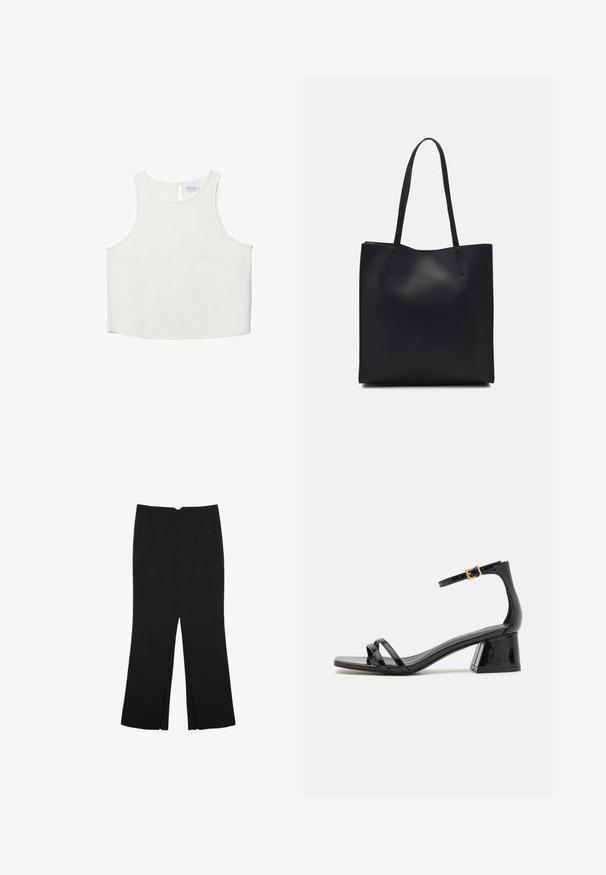 Biele bezrukávové tričko s okrúhlym výstrihom, ktoré má jemnú textúru, detail s kľúčovou dierkou na chrbte a rovný lem.; Čierne nohavice so strihom rovného strihu, s prednými vreckami a bočnými rozparkami na leme. Vyrobené z mäkkej, hladkej tkaniny. Vhodné na rôzne príležitosti.; Čierne lakované sandále s tromi úzkymi popruhmi a štvorcovou špičkou, s masívnym podpätkom a nastaviteľným opaskom okolo členku so zlatou prackou.; Čierna kožená taška na rameno s hladkým povrchom, obdĺžnikovým tvarom a dvoma dlhými uchami. Bez viditeľného kovania alebo ozdôb.