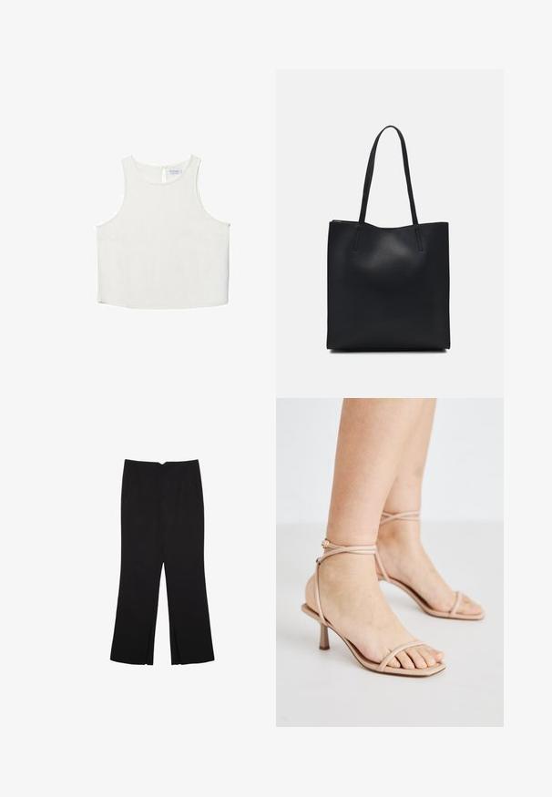 Biele bezrukávové tričko s okrúhlym výstrihom, ktoré má jemnú textúru, detail s kľúčovou dierkou na chrbte a rovný lem.; Čierne nohavice so strihom rovného strihu, s prednými vreckami a bočnými rozparkami na leme. Vyrobené z mäkkej, hladkej tkaniny. Vhodné na rôzne príležitosti.; Nahé sandále s tenkým remienkom na členku, štvorcovým špičkou a malým blokovým podpätkom. Hladký povrch s minimálnymi detailmi.; Čierna kožená taška na rameno s hladkým povrchom, obdĺžnikovým tvarom a dvoma dlhými uchami. Bez viditeľného kovania alebo ozdôb.