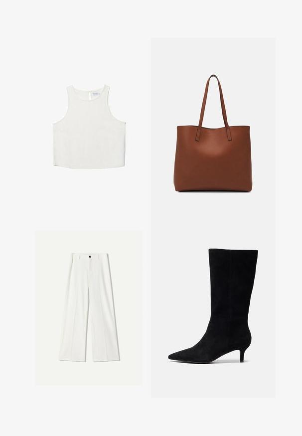 Biele bezrukávové tričko s okrúhlym výstrihom, ktoré má jemnú textúru, detail s kľúčovou dierkou na chrbte a rovný lem.; Biele široké nohavice z hladkej látky, so zapínaním na prednej časti a skladanými detailmi. Plný predný dizajn, bez viditeľných vreciek.; Čierne semišové členkové topánky s špicatou špičkou, úzkym opätkom a hladkou textúrou, s obtiahnutým siluetou a bez viditeľných kovových doplnkov.; Hnedá kožená taška na rameno s hladkou textúrou, otvoreným vrchom a dvoma ramenými popruhmi. Má minimálne šitia a žiadne viditeľné kovania.
