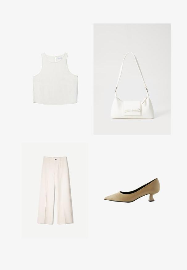 Witte mouwloze top met een ronde halslijn, voorzien van een subtiele textuur, een sleutelgatenrugdetail en een rechte zoom.; Crème brede broek met een tailored ontwerp, voorzien van twee voorzakken en een enkele sluiting met een knop aan de voorkant, gemaakt van een gladde stof.; Next WIDE FIT FOREVER COMFORT KITTEN HEEL COURT - Klassieke pumps - taupe brown; Witte synthetische handtas met een driehoekige vorm, platte voorklep en strikdetail, verstelbare schouderriem, gladde textuur en minimalistisch ontwerp.