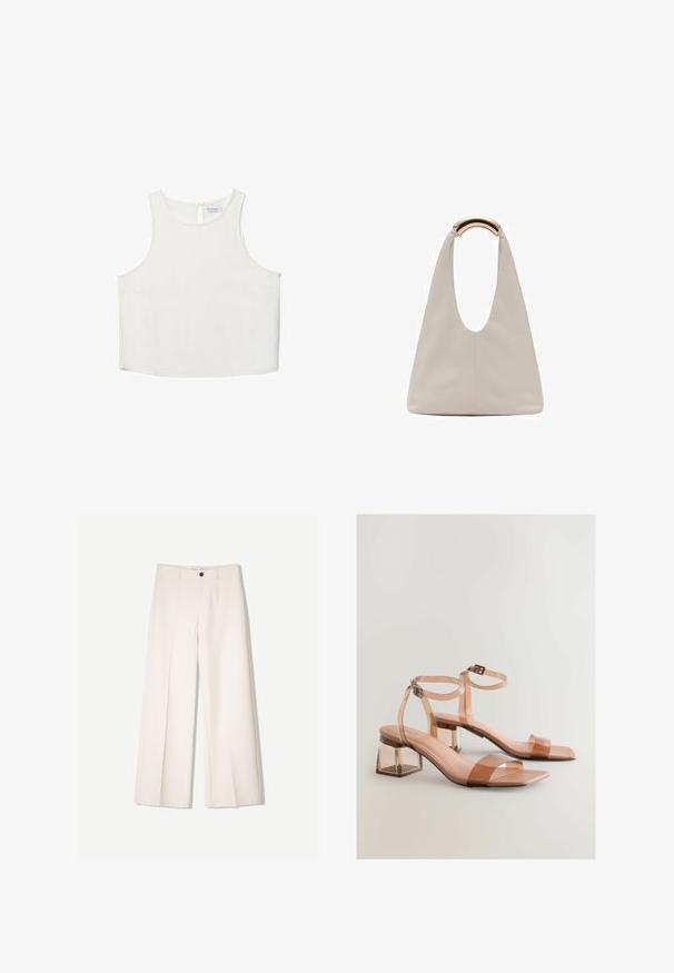 Witte mouwloze top met een ronde halslijn, voorzien van een subtiele textuur, een sleutelgatenrugdetail en een rechte zoom.; Crème brede broek met een tailored ontwerp, voorzien van twee voorzakken en een enkele sluiting met een knop aan de voorkant, gemaakt van een gladde stof.; Transparante block-heeled sandalen met naakte bandjes, vierkante neuzen en verstelbare enkelsluitingen; gladde textuur en glanzende afwerking.; Lichtgrijze leren tas met een U-vormig ontwerp en een gebogen metalen handvat. Glad oppervlak met minimale stiksels en geen zichtbare patronen.