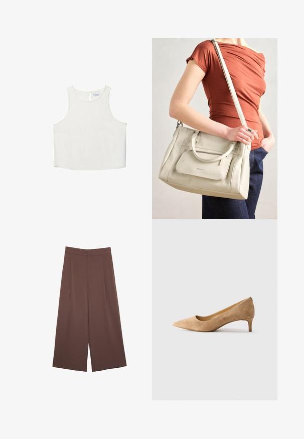 Weißes ärmelloses Oberteil mit rundem Halsausschnitt, das über eine subtile Textur, ein Schlüsselaugen-Rückendetail und einen geraden Saum verfügt.; Braune Weite-Leg-Hosen mit einer glatten Textur, hoher Taille und Vorderfalten. Der Stoff ist leicht und fällt locker.; Beige Wildleder Pumps mit spitzem Zehenbereich und niedrigem Kittenheel, Seitenansicht auf weißem Hintergrund.; Weiße Lederhandtasche mit zwei Griffen und einem abnehmbaren Schulterriemen, ausgestattet mit einer vorderen Reißverschlusstasche und glatter Textur. Wird am Arm einer Person getragen.