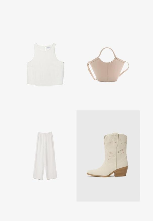 Hvid ærmeløs top med rund halsudskæring, der har en subtil tekstur, nøglehulsbagdetalje og lige kant.; Hvide bukser med bred benlængde lavet af et letvægtsstof. Har et elastisk talje med snor og sidelommer. Glat tekstur.; Hvide læder cowboystøvler med blomsterbroderi, spids tå og en stabeltræ hæl. Funktioner dekorativ syning på skaftet.; Lysebrun læderhåndtaske med en unik form, featuring to korte håndtag og et langt justerbart rem. Glat tekstur med minimal hardware.