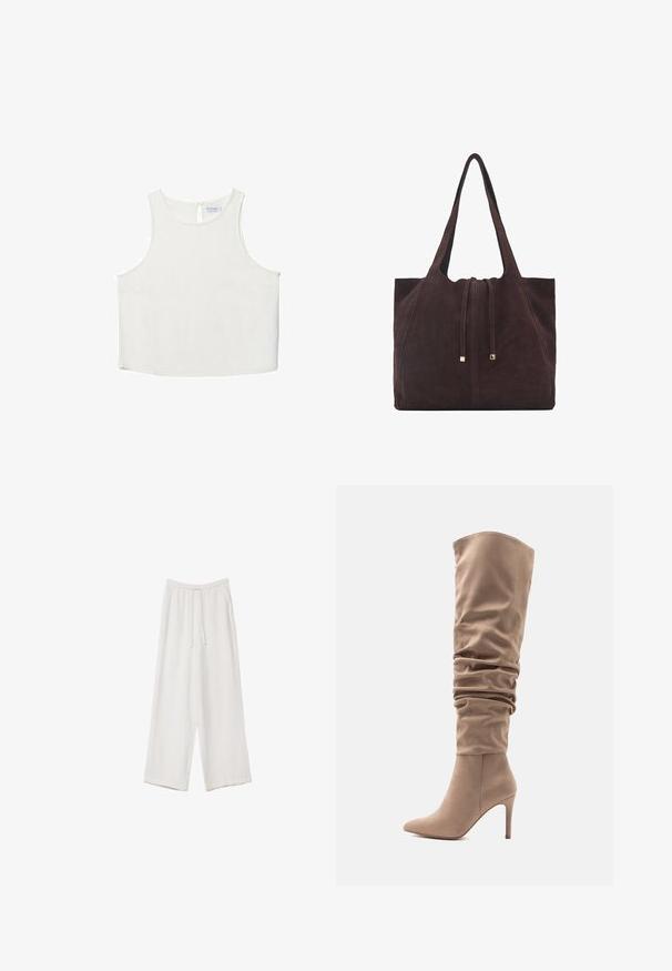 Biele bezrukávové tričko s okrúhlym výstrihom, ktoré má jemnú textúru, detail s kľúčovou dierkou na chrbte a rovný lem.; Biele široké nohavice vyrobené z ľahkej tkaniny. Obsahujú elastický pás so sťahovacou šnúrkou a bočné vrecká. Hladká textúra.; Béžové umelé semišové čižmy nad kolená s voľným dizajnom, špicatou špičkou a 10 cm ihlovým podpätkom. Hladká textúra a minimalistický štýl.; Mango Veľká kabelka - dark brown