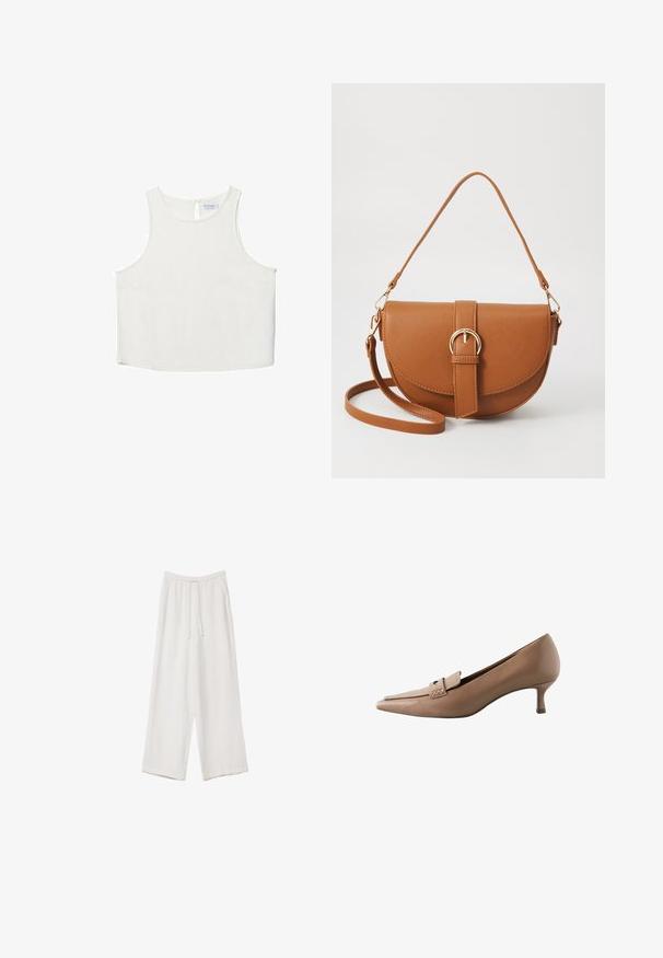 Witte mouwloze top met een ronde halslijn, voorzien van een subtiele textuur, een sleutelgatenrugdetail en een rechte zoom.; Witte wijde broek gemaakt van een lichte stof. Voorzien van een elastische tailleband met een trekkoord en zijzakken. Zachte textuur.; Beige leren pump met spitse neus en een lage hak, met een decoratieve band en gesp over de wreef. Gladde textuur, stijlvolle vormgeving.; Bruine leren schoudertas met een gebogen vorm, gouden hardware en een gespaccent. Bevat een afneembare schouderriem.
