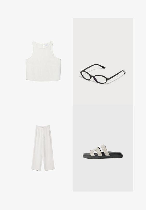 Biele bezrukávové tričko s okrúhlym výstrihom, ktoré má jemnú textúru, detail s kľúčovou dierkou na chrbte a rovný lem.; Biele široké nohavice vyrobené z ľahkej tkaniny. Obsahujú elastický pás so sťahovacou šnúrkou a bočné vrecká. Hladká textúra.; Čierne šlapky so špicatou podrážkou a dvoma vertikálnymi pásmi ozdobenými striebornými kamienkami, plochý dizajn, gumená textúra a jemný dezén.; Čierne okuliare s oválnym rámom a priesvitnými fialovými akcentmi na sklách. Rámy majú matný povrch a štíhle, priame nožičky.; Hnedá kožená kabelka cez telo s zakriveným tvarom, zlatými kovovými doplnkami a akcentom s prackou. Obsahuje odnímateľný ramenný popruh.