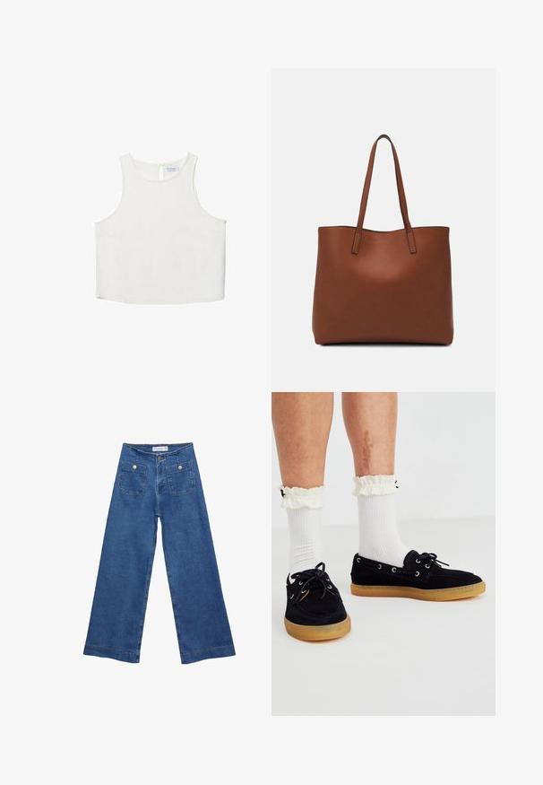 Bela brezrokavna majica z okroglim dekoltejem, ki se ponaša z diskretno teksturo, detajlom ključavnice na hrbtu in ravnim robom.; Jeans širokih nogavic iz denima z medenim modrim pranjem, dvema sprednjima žepoma z gumbnimi zaprtji in šivanjem ob robovih.; Mornarsko modri nubuk čevlji za čoln z gumijastimi podplati, opremljeni s srebrnimi očesci in vezalkami. Ujemajo se z belimi rebrastimi nogavicami in detajli z ruffles okoli manšet.; Rjava usnjena torba z gladko teksturo, odprto zasnovo zgoraj in dvema naramnima trakovoma. Opremljena je z minimalnim šivanjem in brez vidnih kovinskih delov.