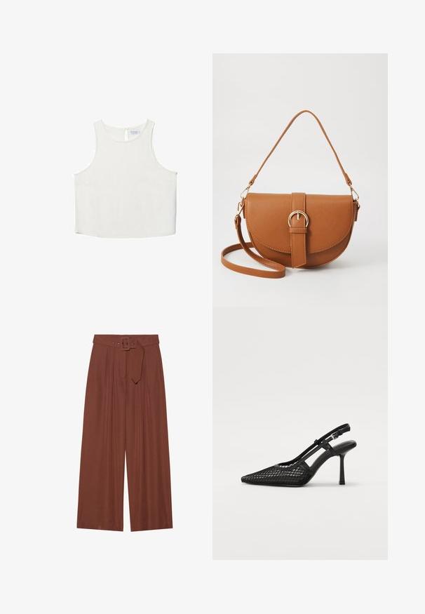 Top bianco senza maniche con scollo rotondo, caratterizzato da una sottile trama, dettaglio a rombo sul retro e orlo dritto.; Pantaloni a gamba larga in tessuto marrone, con cintura a fibbia quadrata, design plissettato e texture liscia.; Dei tacchi slingback neri con punta affusolata, materiale a rete e sottile cinturino per la caviglia. Presentano un tacco a spillo sottile e un design con ritagli.; Borsa a tracolla in pelle marrone con forma curvata, hardware dorato e un dettaglio con fibbia. Presenta una tracolla rimovibile.