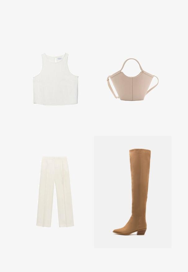 Top bianco senza maniche con scollo rotondo, caratterizzato da una sottile trama, dettaglio a rombo sul retro e orlo dritto.; Pantaloni a gamba larga di un leggero colore crema. Realizzati in un tessuto morbido con pieghe sul davanti e tasche laterali.; Stivali color cammello al ginocchio realizzati in un materiale liscio, con punta affilata e tacco basso impilato. Design semplice, senza motivi o accenti visibili.; Borsa in pelle beige con una forma unica, caratterizzata da due manici corti e una lunga tracolla regolabile. Texture liscia con hardware minimale.