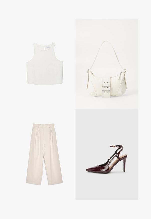 Biele bezrukávové tričko s okrúhlym výstrihom, ktoré má jemnú textúru, detail s kľúčovou dierkou na chrbte a rovný lem.; Béžové nohavice s širokými nohavicami a skladkami, s hladkým povrchom a pútkami na opasok. S prevládajúcim strihom, ktorý ponúka voľný strih okolo nôh.; Burgundské lakované kožené lodičky s vysokým podpätkom, špicatou špičkou, členkovým pásikom a výrezmi na bokoch. Elegantný a lesklý vzhľad.; Biela taška cez rameno s textúrovaným povrchom, centrálnou prackou a zakriveným tvarom. Zipsy na oboch stranách.