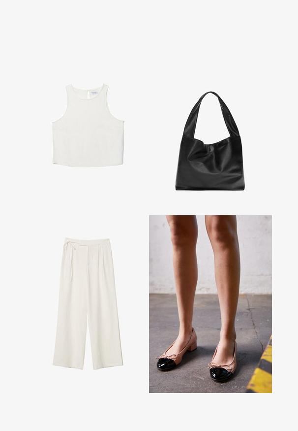 Biele bezrukávové tričko s okrúhlym výstrihom, ktoré má jemnú textúru, detail s kľúčovou dierkou na chrbte a rovný lem.; Dlhé nohavice v off-white materiáli s hladkou textúrou. Obsahujú viazaný pás a plisovaný predok, navrhnuté pre voľný strih.; Ružové baletné topánky s čiernym lakovaným špičkou, so malou mašlou vpredu a nízkym blokovým podpätkom, umiestnené na betónovom pozadí.; Čierna kožená kabelka s mäkkým a voľným dizajnom, širokými popruhmi a hladkým povrchom. Žiadne viditeľné hardvérové prvky ani ozdoby.