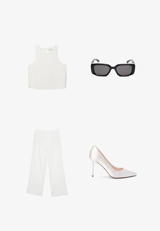 Bílý bezrukávový top s kulatým výstřihem, který má jemnou texturu, detaily v oblasti zad ve tvaru klíčové dírky a rovný lem.; Kalhoty s širokými nohavicemi z bílé látky, s hladkým povrchem, předními kapsami a klasickým pasem s poutky na opasek.; Sandal s úzkým špičatým nosem vyrobený z bílého saténu, s elegantním tvarem a lesklým bílým jehlovým podpatkem.; Černé obdélníkové sluneční brýle s tmavými skly, hladkým plastovým rámem a zakřivenými stranicemi. Design je robustní s minimalistickou estetikou.
