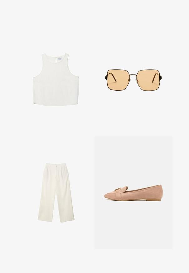 Valkoinen hihaton paita, jossa on pyöreä pääntie, hienovarainen tekstuuri, avaustakki ja suora helma.; Kermanhousut vaaleassa kankaassa, jossa on sileä rakenne, yksittäinen etunappi, hienovaraiset laskokset ja korkea vyötärömuotoilu.; Vaaleanpunaiset mokkanahkaiset tasapohjaiset kengät, joissa on terävä kärki, kultainen varuste ja mukava kumipohja.; Neliömäiset aurinkolasit ruskeilla linsseillä ja ohuella mustalla metallikehyksellä. Varusteena on kulmikkaat tempulit ja säädettävät nenätyynyt mukavuutta varten.; Vaaleanbeige nahkainen käsilaukku, jossa on ainutlaatuinen muoto, varustettuna kahdella lyhyellä kahvalla ja yhdellä pitkällä säädettävällä hihnalla. Sujuva pinta ja vähän metalliosia.