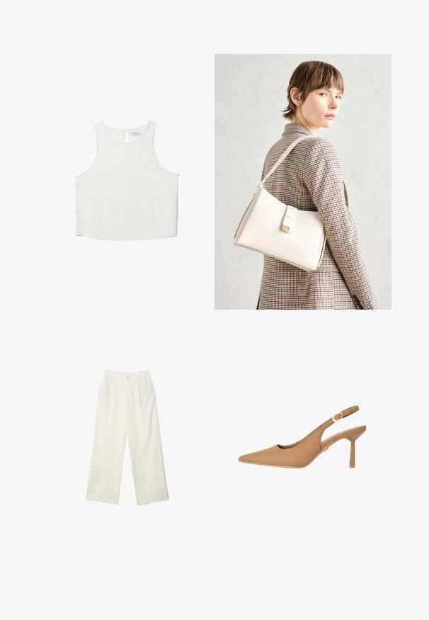 Witte mouwloze top met een ronde halslijn, voorzien van een subtiele textuur, een sleutelgatenrugdetail en een rechte zoom.; Brede broekspijpen in crème stof met een gladde textuur, voorzien van een enkele frontknop, subtiele plooien en een hoge taille.; Bruine slingback hak met spitse neus, gladde textuur, verstelbare band en een slanke hak. Minimalistisch ontwerp met subtiele gouden hardwareaccenten.; Witte leren handtas met een gestructureerd ontwerp, voorzien van een magneetsluiting en een schouderriem, tentoongesteld tegen een neutrale achtergrond.