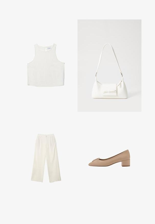 Hvid ærmeløs top med rund halsudskæring, der har en subtil tekstur, nøglehulsbagdetalje og lige kant.; Bredde bukser i cremefarvet stof med en glat tekstur, der har en enkelt knap foran, diskrete folder og design med høj talje.; Beige læderpumps med spids tå, små sløjfedetaljer foran og en kvadratisk lav hæl. Glat tekstur med minimal syning.; Hvid syntetisk håndtaske med en trekantet form, flad forsideklap og sløjfedetalje, justerbar strop, glat tekstur og minimalistisk design.