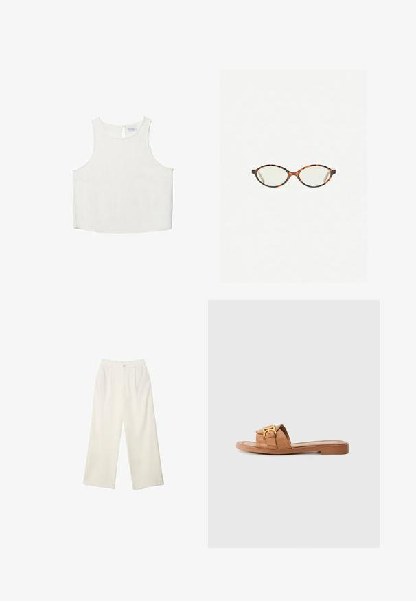Weißes ärmelloses Oberteil mit rundem Halsausschnitt, das über eine subtile Textur, ein Schlüsselaugen-Rückendetail und einen geraden Saum verfügt.; Helle Stoffhose mit weitem Bein und glatter Textur, ausgestattet mit einem einzelnen Knopf vorne, dezenten Falten und einem Hochbund-Design.; Braune Leder-Sandale mit breitem Riemen, goldenen Hardware-Akzenten, flacher Sohle und minimalistischen Design. Eignet sich für die Freizeit.; Schildpatt-Eyegläser mit ovalen Gläsern und einer eleganten, glatten Oberfläche. Mit dünnen Seiten und einer subtilen Kurve an den Schläfen. Klare Gläser.