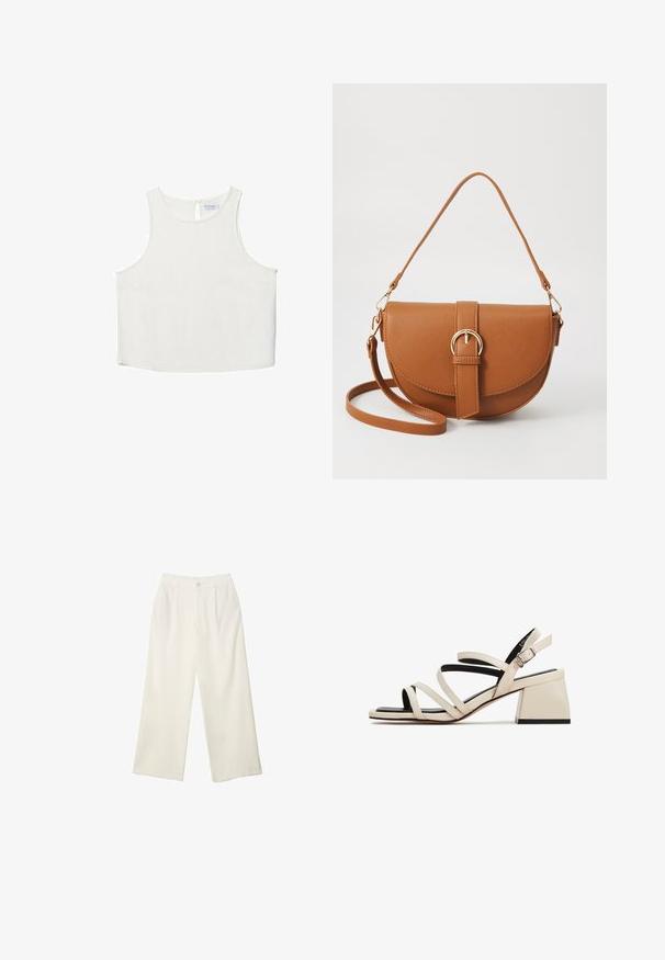 Hvid ærmeløs top med rund halsudskæring, der har en subtil tekstur, nøglehulsbagdetalje og lige kant.; Bredde bukser i cremefarvet stof med en glat tekstur, der har en enkelt knap foran, diskrete folder og design med høj talje.; Sandaler med hæl i cremefarvet læder med blokhæl. Har tynde stropper og en sort sål, med en justerbar ankelspænde.; Brun læder crossbody taske med en buet form, guldfarvet hardware og en spændeaccent. Har en aftagelig skulderrem.