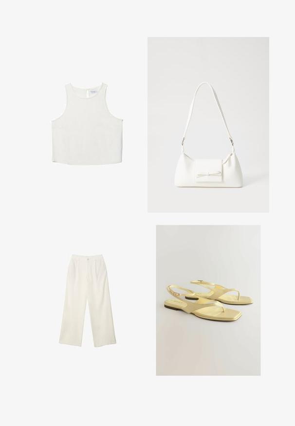 Hvid ærmeløs top med rund halsudskæring, der har en subtil tekstur, nøglehulsbagdetalje og lige kant.; Bredde bukser i cremefarvet stof med en glat tekstur, der har en enkelt knap foran, diskrete folder og design med høj talje.; Gule flade sandaler med en struktureret kunstlæderoverdel, tåpostdesign og ankelstrop med en lille spænde. Firkanthælt form, minimalistisk stil.; Hvid syntetisk håndtaske med en trekantet form, flad forsideklap og sløjfedetalje, justerbar strop, glat tekstur og minimalistisk design.