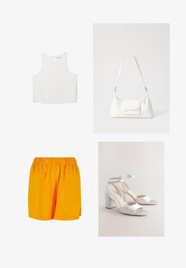 Haut sans manches blanc avec un col rond, présentant une texture subtile, un détail en forme de trou de serrure au dos et un ourlet droit.; Shorts en coton orange avec une taille élastique, dotés d'une coupe ample et d'un design simple et sans embellissement.; Sandales blanches à talon carré ouvert à l'avant avec brides à la cheville et boucles argentées sur un fond beige neutre.; Sac à main synthétique blanc en forme triangulaire, avec un rabat avant plat et un détail en nœud, une bandoulière ajustable, une texture lisse et un design minimaliste.