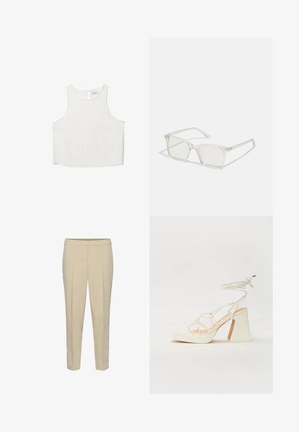 White sleeveless top with a round neckline, featuring a subtle texture, keyhole back detail, and a straight hemline.; Beige tailored trousers with a straight leg, front pleats, and a cuffed hem. Smooth texture and no visible hardware or patterns.; White high-heeled sandal with a chunky heel, featuring a strappy design and ankle tie. Smooth texture with a platform front for added height.; Clear plastic square-frame glasses with translucent lenses, featuring gold accents on the temples for added detail.