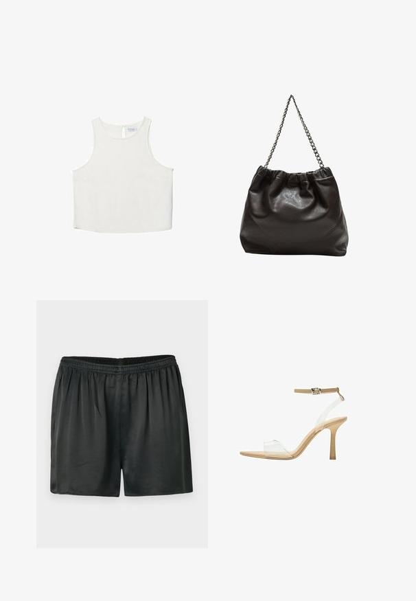 Bela brezrokavna majica z okroglim dekoltejem, ki se ponaša z diskretno teksturo, detajlom ključavnice na hrbtu in ravnim robom.; Črne satenske kratke hlače z elastiko v pasu, ki se ponašajo z gladko teksturo in sproščenim prileganjem. Brez vidnih žepov ali okrasja.; Sandal z jasnim petnikom s prozornim zgornjim delom, bež podplatom in sivim trakcem okoli gležnja. Ima koničast nos in tanek visoki petek.; Rjava usnjena torba z nabranim vrhom in verižnim trakom. Gladka tekstura z sijajno površino in subtilnimi šivi na straneh.