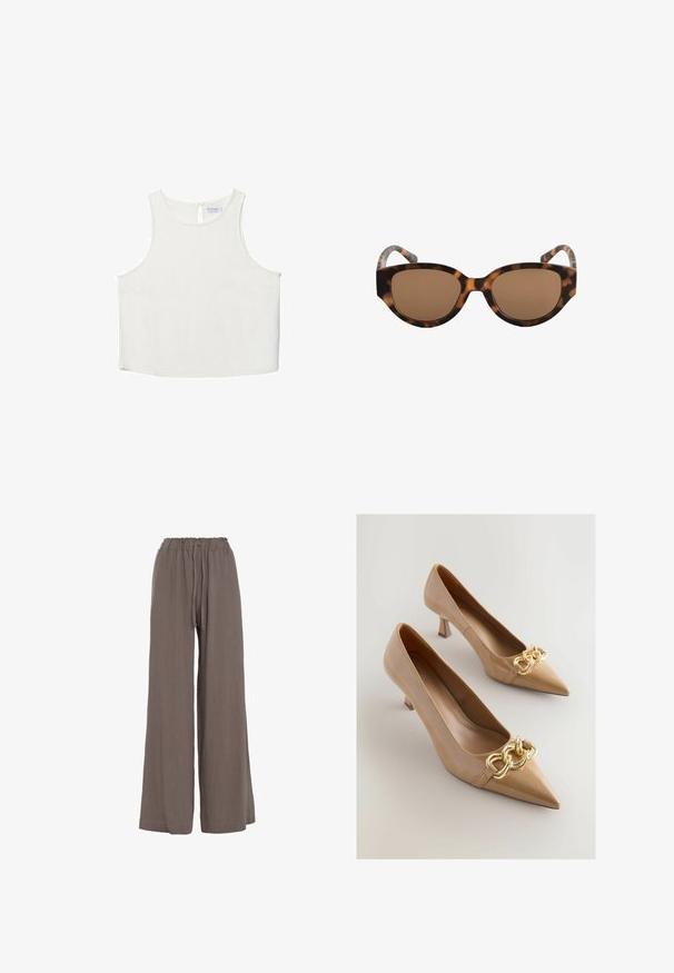 Weißes ärmelloses Oberteil mit rundem Halsausschnitt, das über eine subtile Textur, ein Schlüsselaugen-Rückendetail und einen geraden Saum verfügt.; Knit Factory FERN - Stoffhose - taupe; Beige Lackleder-High Heels mit spitzer Zehenform und einer dekorativen goldenen Kettendetail auf der Vorderseite, vor einem hellen Hintergrund.; Braun gesprenkelte Sonnenbrille im Katzenaugen-Design, mit braunen Gläsern und glatter Textur. Das Gestell hat gebogene Bügel mit einem dezenten Muster.