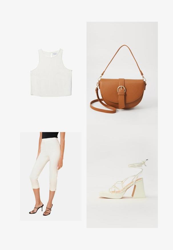 Bijela bezrukavna majica s okruglim izrezom, koja ima suptilnu teksturu, detalj u obliku ključa na leđima i ravni rub.; Bijele skraćene hlače s uskim dizajnom i bočnim prorezima na rubu, u kombinaciji s crnim sandalama na visoku petu. Glatka tkanina s poliranim završetkom.; Bijela sandala na visokoj potpetici s debelim petom, s remenom i vezanjem oko gležnja. Glatka tekstura s platformom sprijeda za dodatnu visinu.; Smeđa kožna torba preko tijela s zakrivljenim oblikom, zlatnim metalnim detaljima i naglaskom na kopču. Ima odvojivu naramenicu.