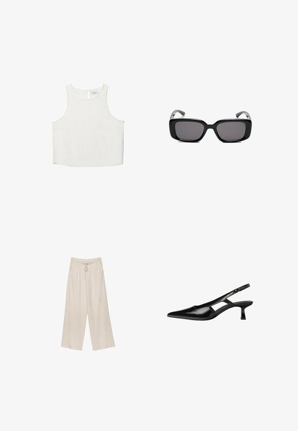 White sleeveless top with a round neckline, featuring a subtle texture, keyhole back detail, and a straight hemline.; Beige linen wide-leg pants, featuring a drawstring waist, two side pockets, and a slightly textured fabric for breathability and comfort.; Black patent leather slingback heels with a pointed toe, cut-out side design, and a small square heel. Smooth texture with minimal accents.; Black rectangular sunglasses with dark lenses, smooth plastic frame, and curved temples. The design is chunky with a minimalist aesthetic.