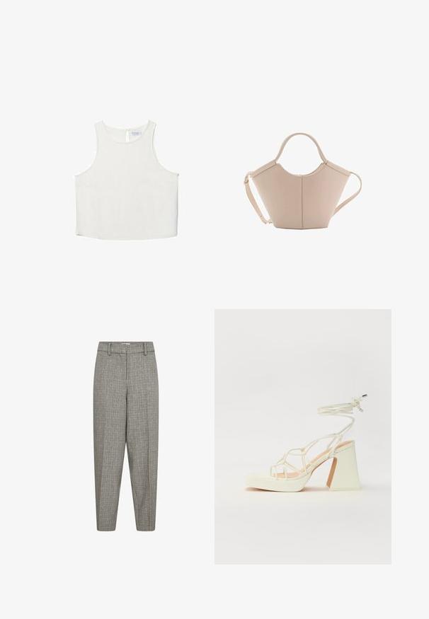 Vit ärmlös topp med rundad halsringning, featuring en subtil textur, detalj med nyckelhål i ryggen och rak nederkant.; Grå mönstrade byxor med en avsmalnande benform, flat front, bältesholkar och en slät yta. Inga synliga fickor eller hårdvarudetaljer.; Vit högklackad sandal med en kraftig klack, med ett remdesign och ankelband. Slät textur med en plattform framtill för ökad höjd.; Beige läderhandväska med en unik form, med två korta handtag och ett långt justerbart axelband. Slät textur med minimal hårdvara.