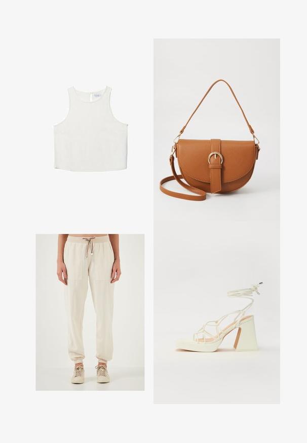 Weißes ärmelloses Oberteil mit rundem Halsausschnitt, das über eine subtile Textur, ein Schlüsselaugen-Rückendetail und einen geraden Saum verfügt.; Helle beige Jogginghosen mit elastischem Bund und Kordelzug, ausgestattet mit zwei großen Vordertaschen und elastischen Bündchen an den Knöcheln.; Weiße High-Heel-Sandale mit einem klobigen Absatz, die über ein Riemchendesign und ein Knöchelband verfügt. Glatte Textur mit einer Plattform vorne für zusätzliche Höhe.; Braune Leder-Crossbody-Tasche mit geschwungener Form, goldfarbenen Beschlägen und einer Schnallenakzentuierung. Verfügt über einen abnehmbaren Schultergurt.