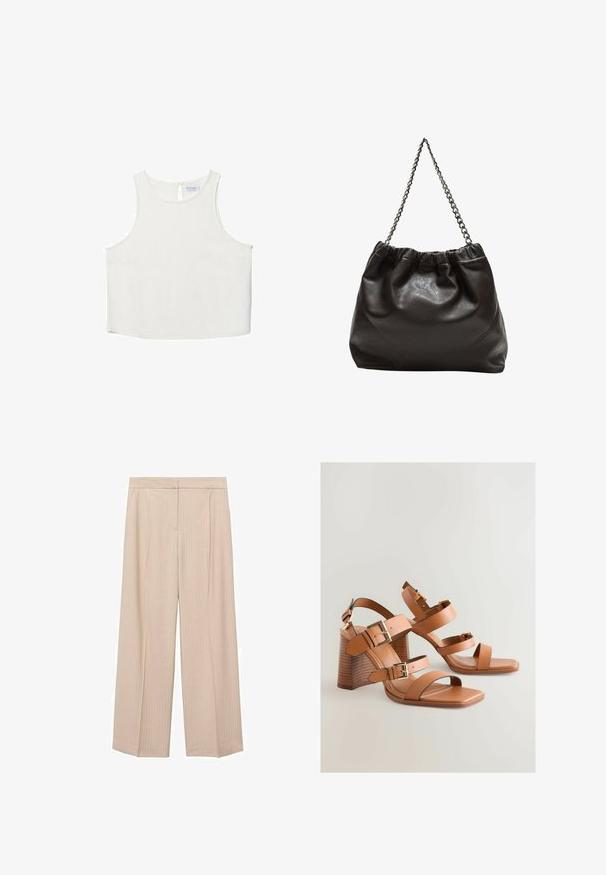 Valkoinen hihaton paita, jossa on pyöreä pääntie, hienovarainen tekstuuri, avaustakki ja suora helma.; Vaaleanbeiget leveälahkeiset housut, jotka on valmistettu pehmeästä kankaasta. Niissä on pystysuorat raidat, korkea vyötärö ja rento siluetti keskikappaleilla.; Ruske kožne sandale na visoku petu s višestrukim trakama, zlatnim detaljima i kutnim blok petom. Glatka tekstura, otvoreni vrh.; Ruskea nahkainen laukku, jossa on kerätty yläosa ja ketjuhihna. Tasainen pinta, jossa kiiltävä viimeistely ja hienovaraiset sauman yksityiskohdat sivuilla.