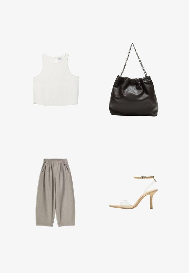 Bílý bezrukávový top s kulatým výstřihem, který má jemnou texturu, detaily v oblasti zad ve tvaru klíčové dírky a rovný lem.; Šedé široké kalhoty vyrobené z měkké látky, s elastickým pasem a dvěma bočními kapsami, s čistým, minimalistickým designem.; Průhledná sandálová obuv s průhledným svrškem, béžovou stélkou a štíhlým páskem kolem kotníku. Má špičatou špičku a tenký vysoký podpatek.; Hnědá kožená taška se sbíraným vrškem a řetízkovým popruhem. Hladký povrch s lesklým finišem a jemným švem na bocích.