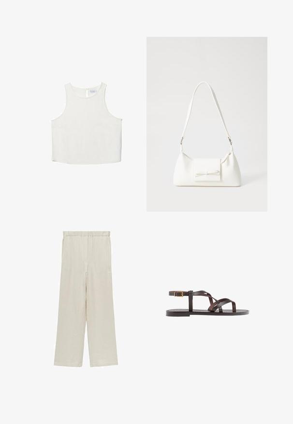 Biele bezrukávové tričko s okrúhlym výstrihom, ktoré má jemnú textúru, detail s kľúčovou dierkou na chrbte a rovný lem.; Svetlo béžové široké nohavice vyrobené z krčeného materiálu. Majú elastický pás a dve bočné vrecká pre praktické použitie.; Hnedé kožené sandály s krížovými popruhmi, uzatváraním na pracku okolo členku a plochou podrážkou s minimálnymi ševmi.; Biela syntetická kabelka s trojuholníkovým tvarom, plochým predným klapkou a detailom mašle, nastaviteľným popruhom, hladkou textúrou a minimalistickým dizajnom.