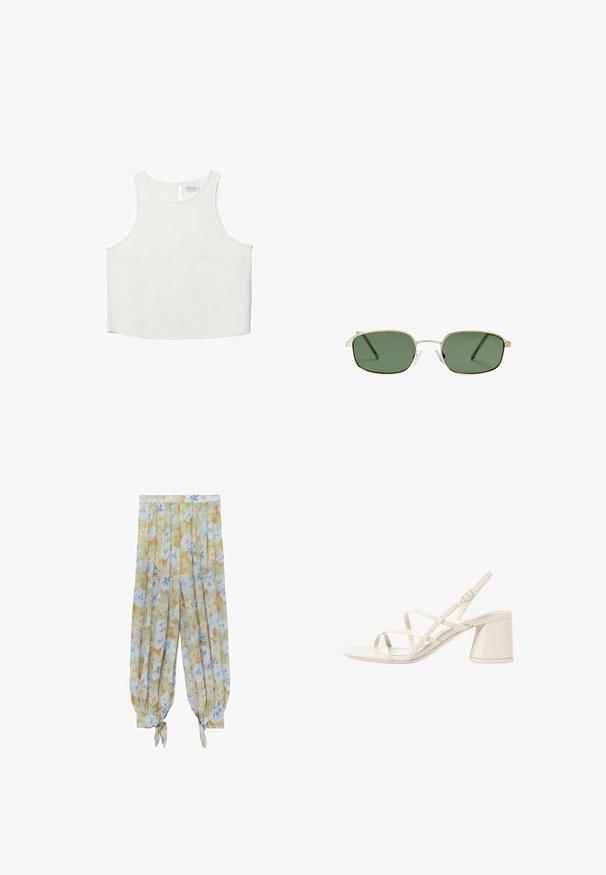 Bijela bezrukavna majica s okruglim izrezom, koja ima suptilnu teksturu, detalj u obliku ključa na leđima i ravni rub.; Hlače s cvjetnim uzorkom na svijetlozelenoj pozadini, s plavim i narančastim cvjetovima, elastičnim manžetama i vezanim detaljima na gležnjevima.; Bežne sandale s petom u bež boji s tankim, ukrštenim trakama, otvorenim nožnim prstima i kvadratnim blok petom. Glatki patentirani finiš, podesiva remenica oko gležnja.; Naočale s okvirom od zlatnog metala, zelenim staklima, pravokutnim oblikom i prozirnim plastičnim nosnim jastučićima. Tanke, vitke tempere s minimalističkim dizajnom.