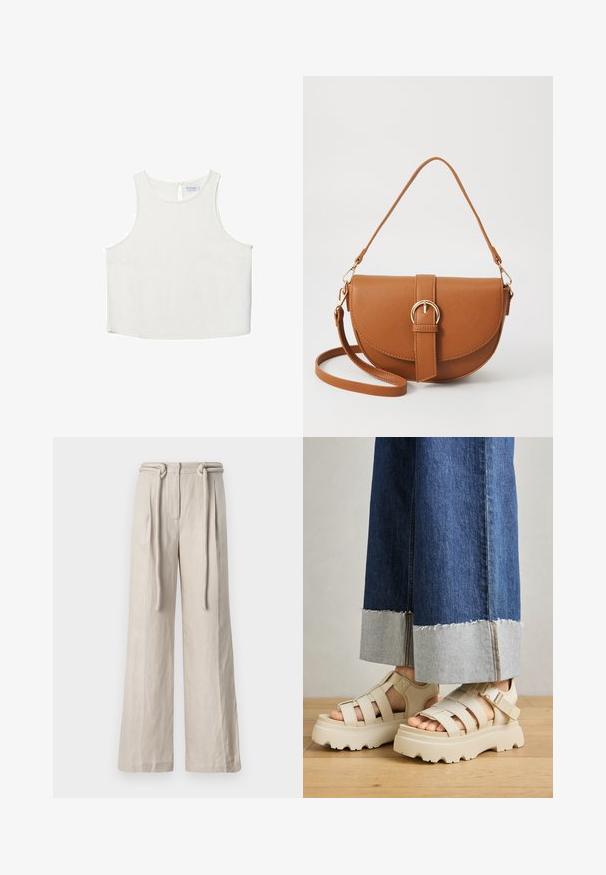 White sleeveless top with a round neckline, featuring a subtle texture, keyhole back detail, and a straight hemline.; Wide-leg trousers in light beige linen with a high waist, front pleats, and a tied belt detail. Smooth texture and relaxed fit.; Beige platform sandals with thick soles feature a strappy design and adjustable ankle straps. Worn with wide-leg denim pants, one hem is frayed.; Brown leather crossbody bag with a curved shape, gold hardware, and a buckle accent. Features a detachable shoulder strap.