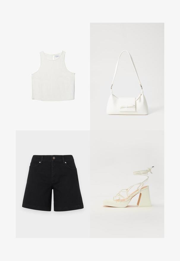 Bijela bezrukavna majica s okruglim izrezom, koja ima suptilnu teksturu, detalj u obliku ključa na leđima i ravni rub.; Crne traper šortse s ravnim krojem, prednjim džepovima i kopčanjem na gumu u struku. Glatka tekstura i minimalistički stil.; Bijela sandala na visokoj potpetici s debelim petom, s remenom i vezanjem oko gležnja. Glatka tekstura s platformom sprijeda za dodatnu visinu.; Bijela sintetička torbica s trokutastim oblikom, ravnim prednjim poklopcem i detaljem u obliku mašne, podesivom remenom, glatkom teksturom i minimalističkim dizajnom.