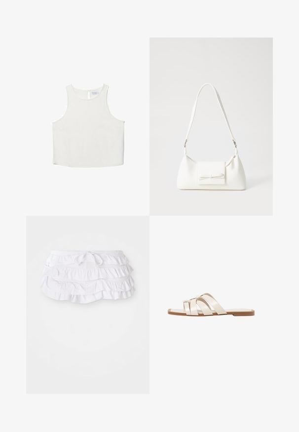 Weißes ärmelloses Oberteil mit rundem Halsausschnitt, das über eine subtile Textur, ein Schlüsselaugen-Rückendetail und einen geraden Saum verfügt.; Weißer, geraffter Schwimmrock mit mehreren Lagen, ausgestattet mit einem verstellbaren Kordelzug. Weicher Stoff mit glatter Textur.; Flache Sandalen mit einer honigfarbenen Gummisohle, gestaltet mit drei überlappenden weißen Lederriemen und einem kleinen Schleifendetail in der Mitte.; Weiße synthetische Handtasche in dreieckiger Form, flache Vorderklappe und Schleifendetail, verstellbarer Trageriemen, glatte Textur und minimalistisches Design.