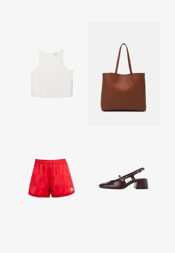Biele bezrukávové tričko s okrúhlym výstrihom, ktoré má jemnú textúru, detail s kľúčovou dierkou na chrbte a rovný lem.; Červené športové šortky s elastickým pásom, biely lem na spodnom okraji a jemným leskom. Obsahujú logo Adidas v bielej farbe na dolnej ľavej strane.; Hnedé kožené sandále na podpätku so štvrtkovým špičkou, vyrezávanými bokmi a blokovým podpätkom. Obsahujú pracku na pásiku okolo členka.; Hnedá kožená taška na rameno s hladkou textúrou, otvoreným vrchom a dvoma ramenými popruhmi. Má minimálne šitia a žiadne viditeľné kovania.