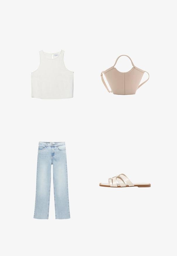 Bela brezrokavna majica z okroglim dekoltejem, ki se ponaša z diskretno teksturo, detajlom ključavnice na hrbtu in ravnim robom.; Svetlo modri široki džins hlače iz denima z visokim pasom, petimi žepi in gumbom za zapiranje. Imajo minimalne šive.; Ravne sandale s svetlo rjavim gumijastim podplatom, zasnovane s tremi prekrivajočimi se belimi usnjenimi trakovi in majhnim lokom na sredini.; Bežna usnjena torbica edinstvene oblike, z dvema kratkima ročajema in dolgim nastavljivim trakom. Gladka tekstura z minimalno kovinsko opremo.