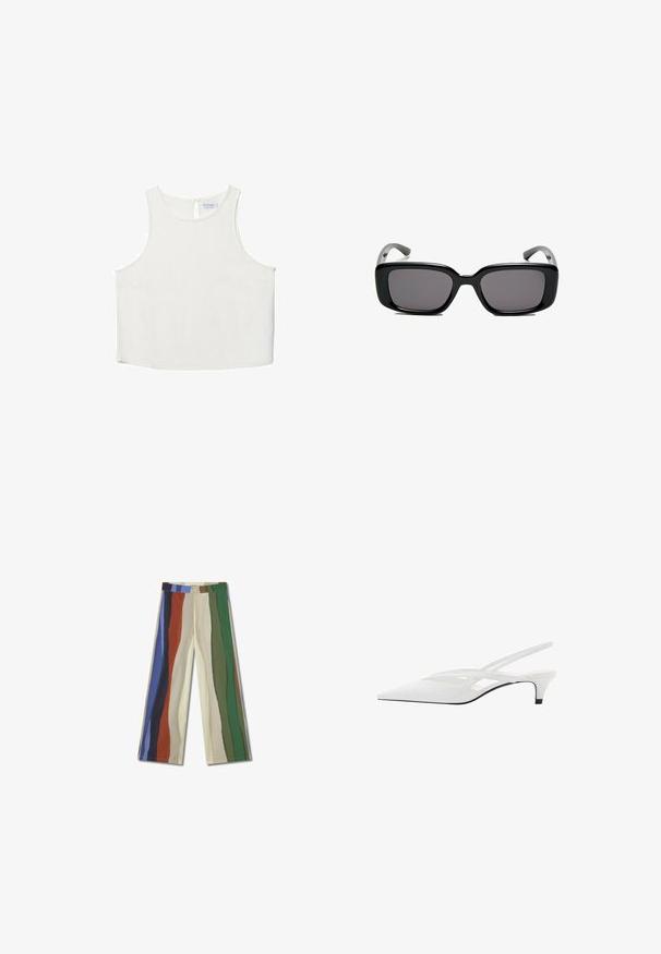 Weißes ärmelloses Oberteil mit rundem Halsausschnitt, das über eine subtile Textur, ein Schlüsselaugen-Rückendetail und einen geraden Saum verfügt.; Weite Hose aus Baumwollmischung mit mehrfarbigen vertikalen Streifen in Blau, Grün, Rot und Creme. Mit einem Knopfverschluss und ohne Taschen.; Weißer Slingback-Absatzschuh mit spitzer Zehenpartie, featuring ein glattes Obermaterial, subtile Ausschnitte und einen niedrigen Blockabsatz. Die schwarze Sohle betont das Design.; Schwarze rechteckige Sonnenbrille mit dunklen Gläsern, glattem Kunststoffrahmen und gebogenen Bügeln. Das Design ist klobig mit einer minimalistischen Ästhetik.