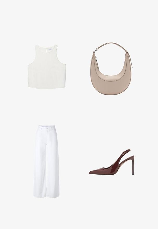 Hvid ærmeløs top med rund halsudskæring, der har en subtil tekstur, nøglehulsbagdetalje og lige kant.; Vide ben hvide jeans lavet af denim, med høj talje, frontlommer og et klassisk femlomme-design med lynlås.; Mørkebrune patentlæder slingback højhælede sko med spids tå, justerbar spænde og slank stiletthæl.; Beige læder skuldertaske med en halvmåneform, glat overflade og et enkelt buet håndtag. Har en lynlåslukning og pæne syninger.