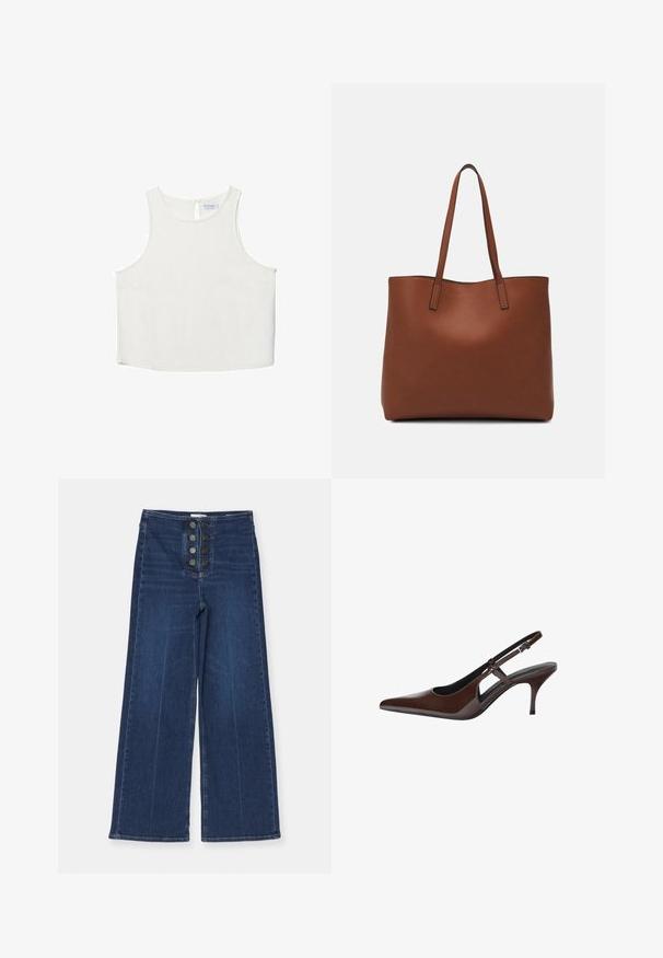 Bela brezrokavna majica z okroglim dekoltejem, ki se ponaša z diskretno teksturo, detajlom ključavnice na hrbtu in ravnim robom.; Široke traper hlače v temno modri barvi, z visokim pasom in petimi gumbi na sprednji strani, z gladko teksturo in rahlo bledenjem.; Rjave čevlje iz patentirane usnje s slingback obliko in špicastim nosom, odprtimi izrezi in tankim peto. Ima nastavljiv pas s sponko.; Rjava usnjena torba z gladko teksturo, odprto zasnovo zgoraj in dvema naramnima trakovoma. Opremljena je z minimalnim šivanjem in brez vidnih kovinskih delov.